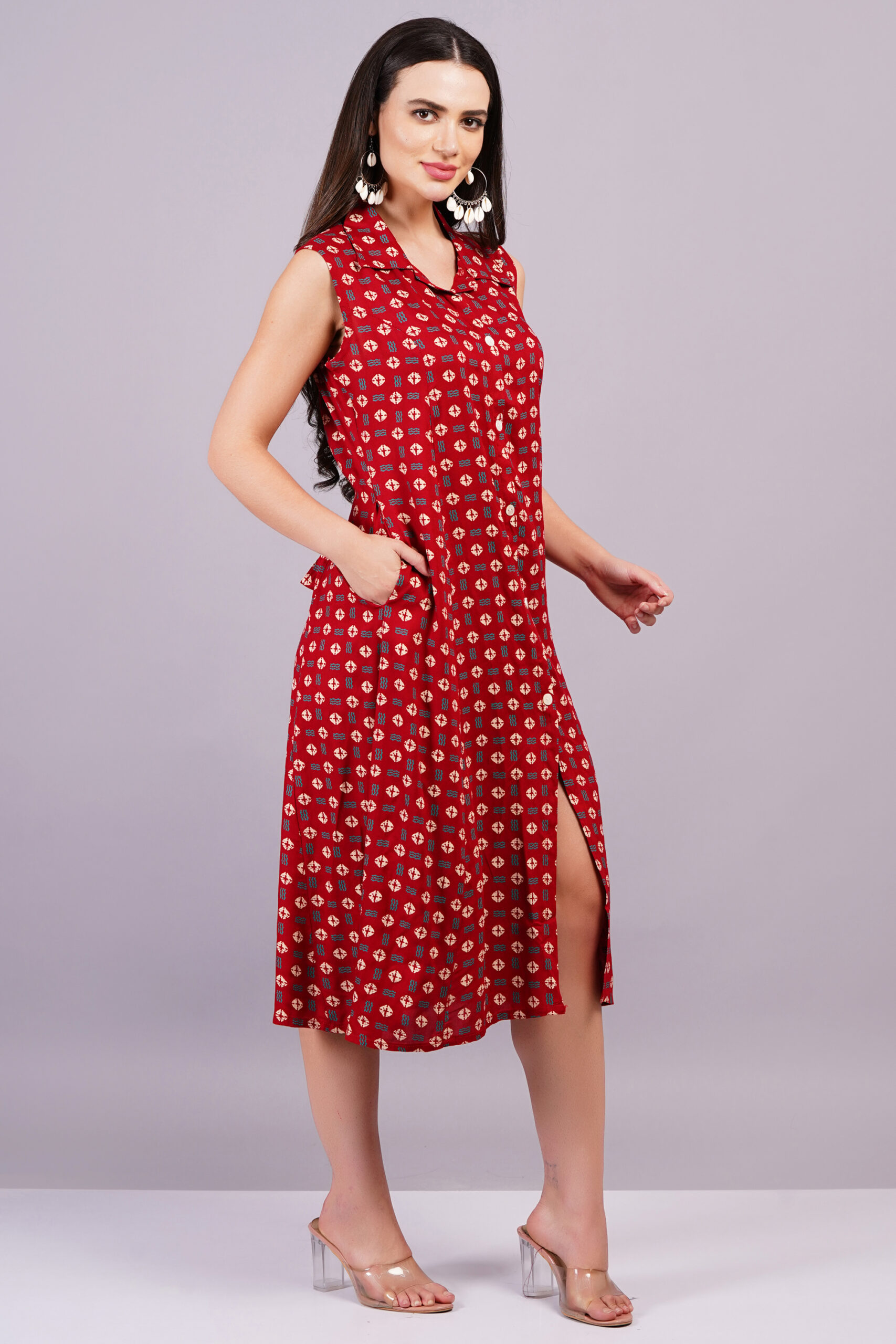 Women Red Color Viscose Rayon Fabric Fit and Flare Dress - Image 4