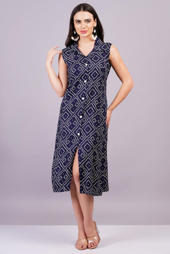 Women Dark Blue Color Viscose Rayon Fabric Fit and Flare Dress - Image 3