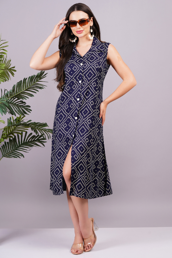 Women Dark Blue Color Viscose Rayon Fabric Fit and Flare Dress