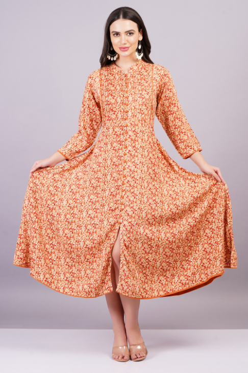 Women Orange Color Viscose Rayon Fabric Fit and Flare Dress - Image 3