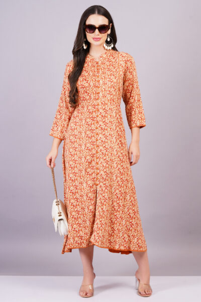 Women Orange Color Viscose Rayon Fabric Fit and Flare Dress