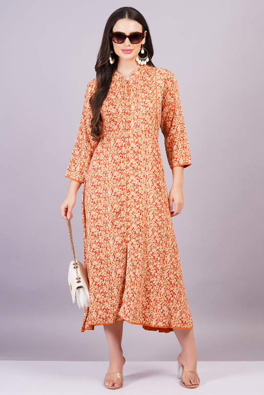 Women Orange Color Viscose Rayon Fabric Fit and Flare Dress