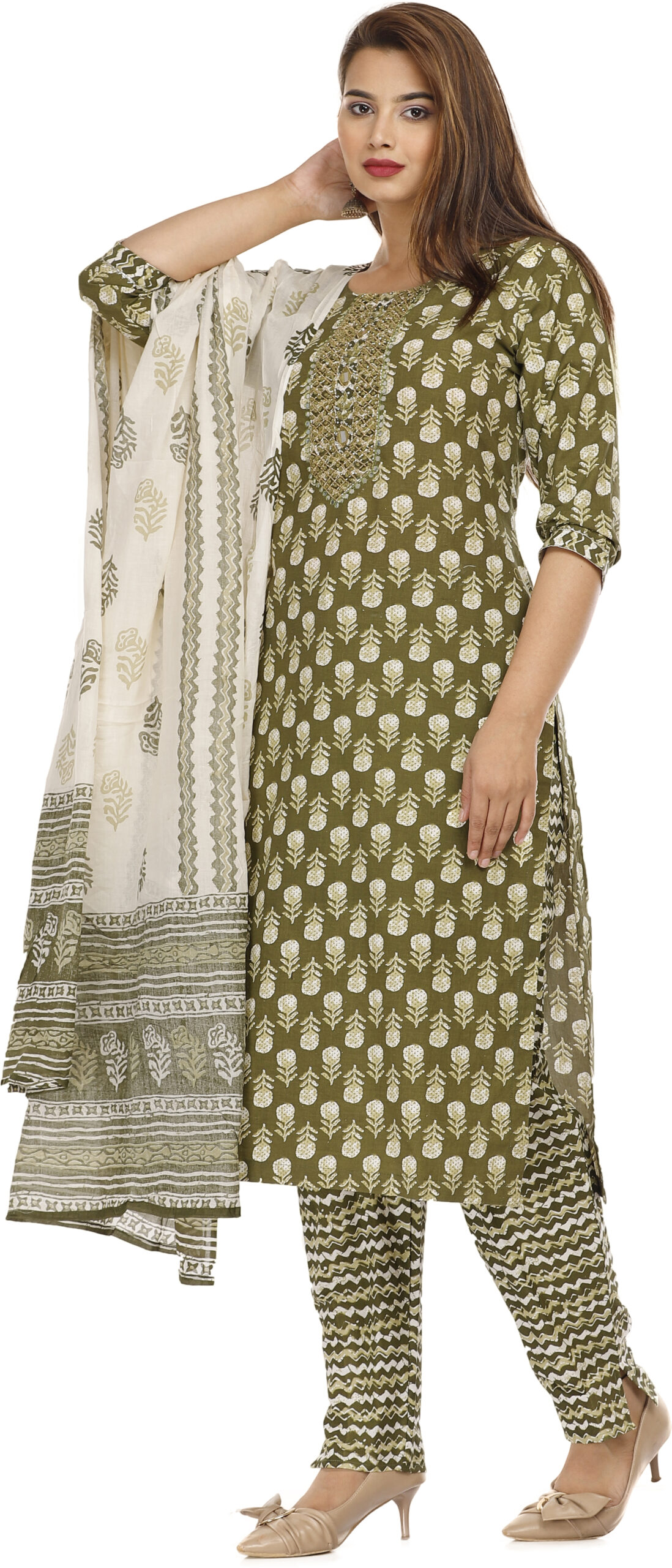 Women Green Color Cotton Blend Fabric  Kurta PantDupatta