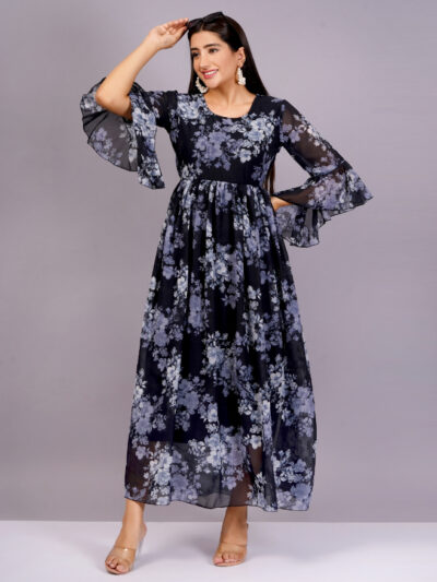 Women Black Color Georgette Fabric Fit and Flare Dress