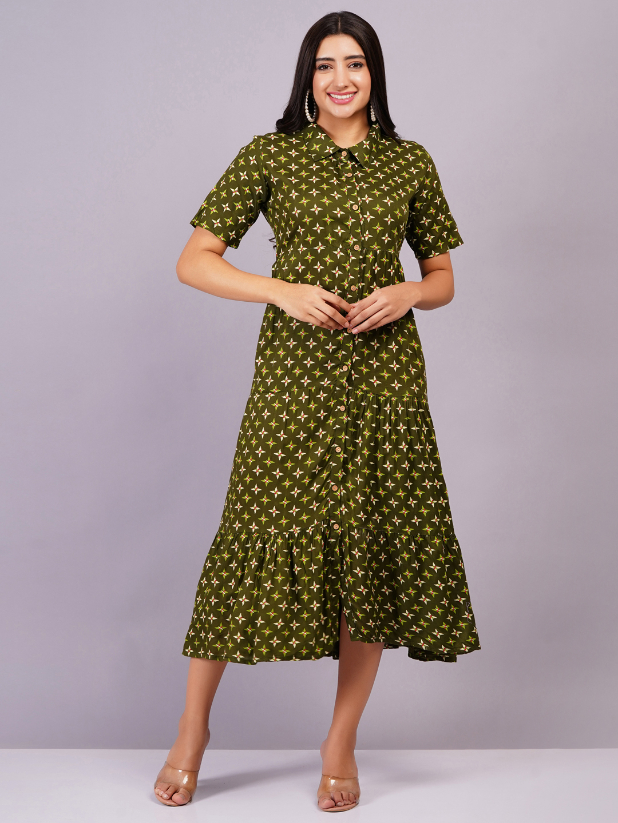Women Green Color Viscose Rayon Fabric Fit and Flare Dress - Image 3