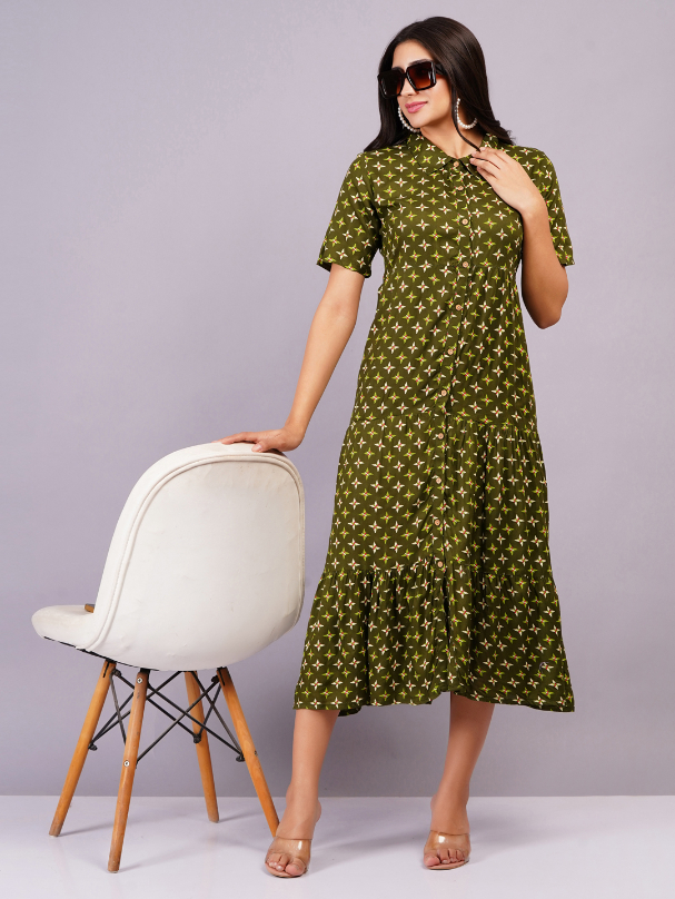 Women Green Color Viscose Rayon Fabric Fit and Flare Dress
