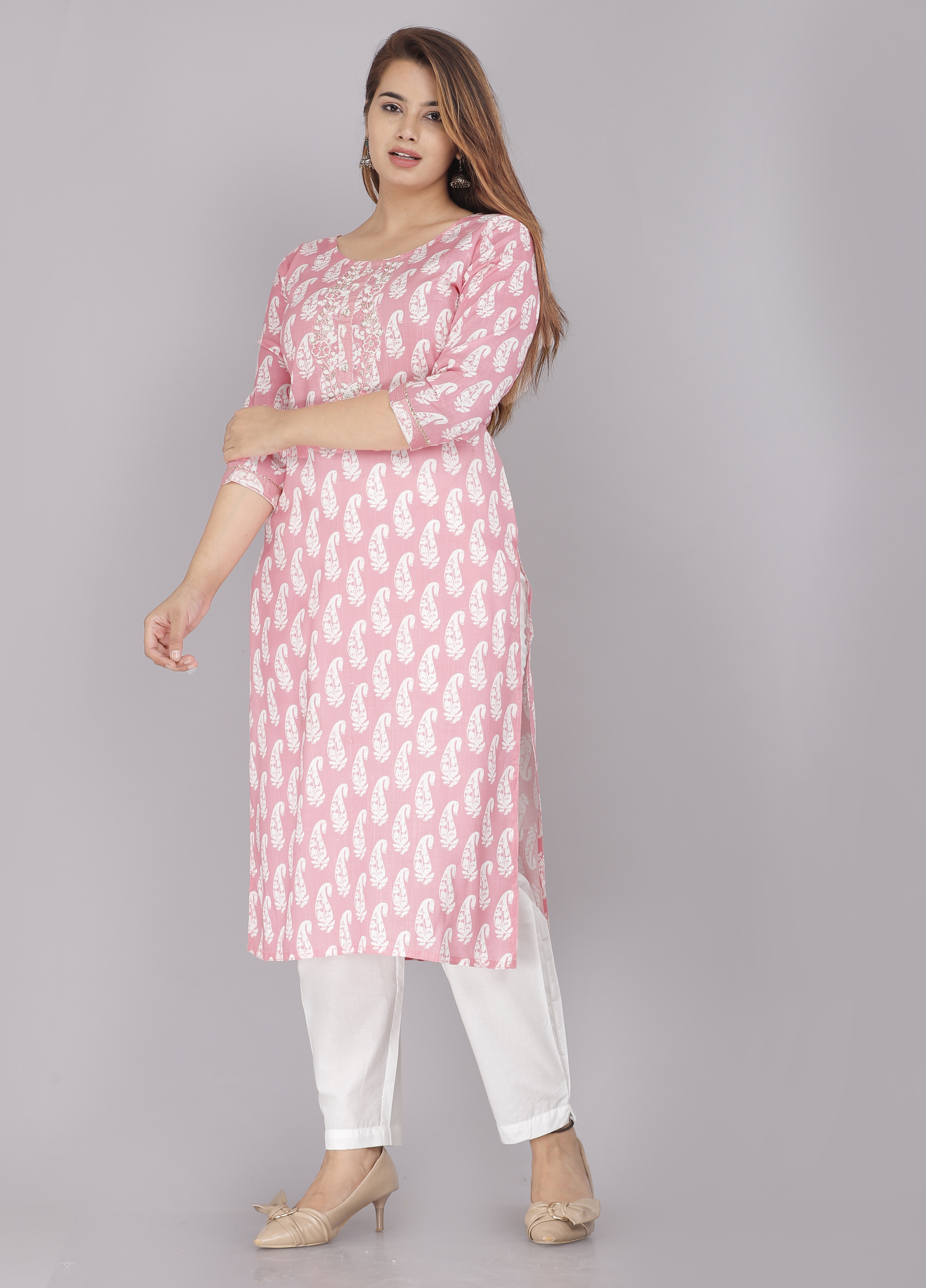 Women Pink Color Pure Cotton Fabric Kurta - Image 3