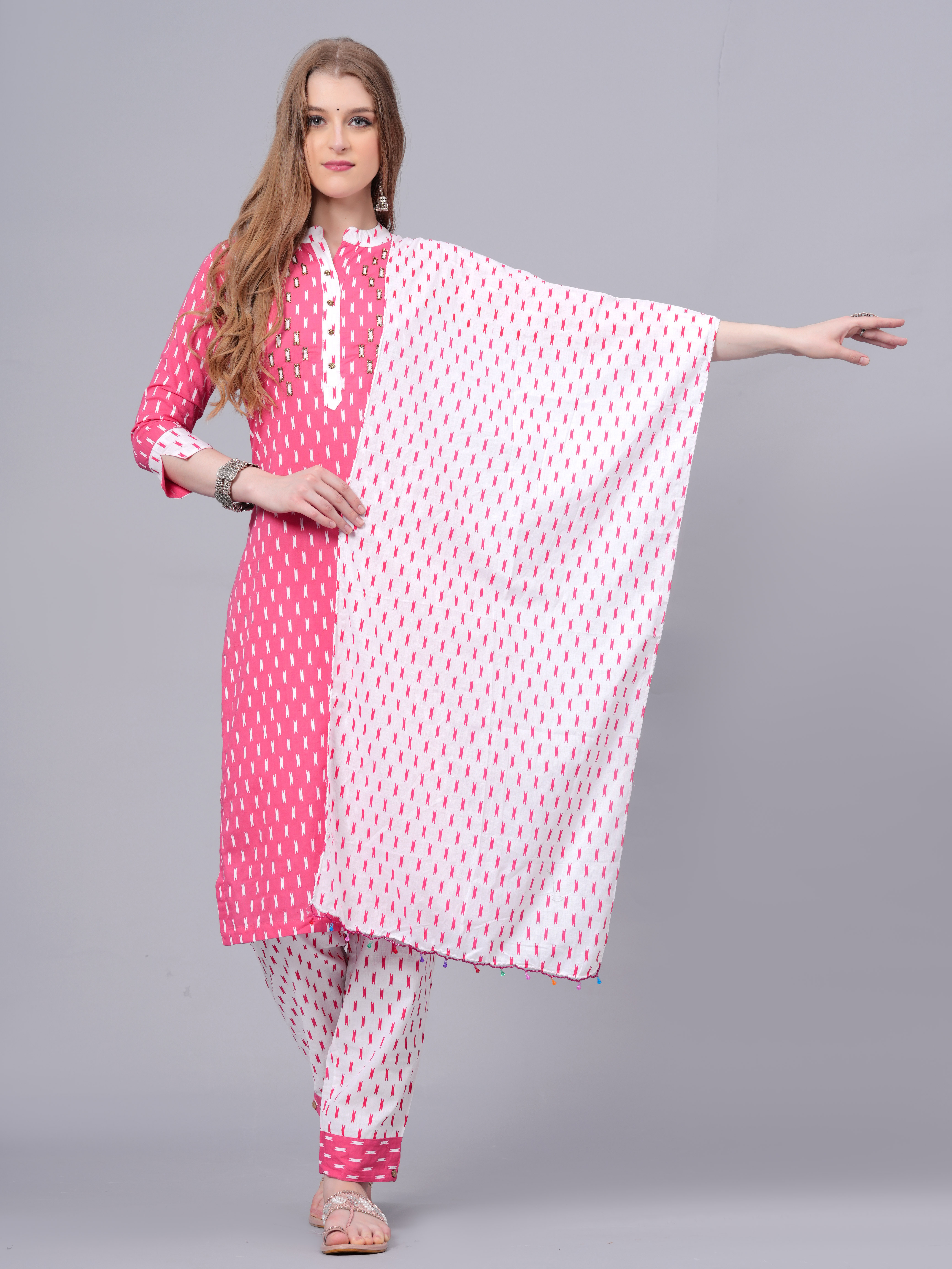 Women Pink Color Pure Cotton Fabric  Kurta PantDupatta