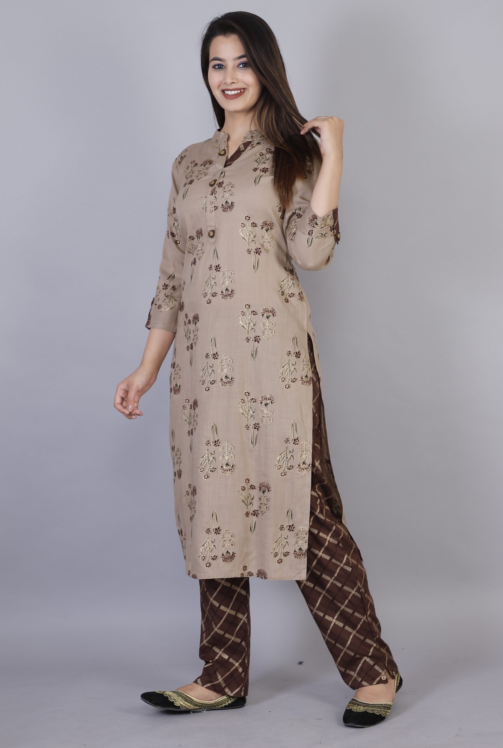 Women Beige Color Viscose Rayon Fabric  Kurta Pant