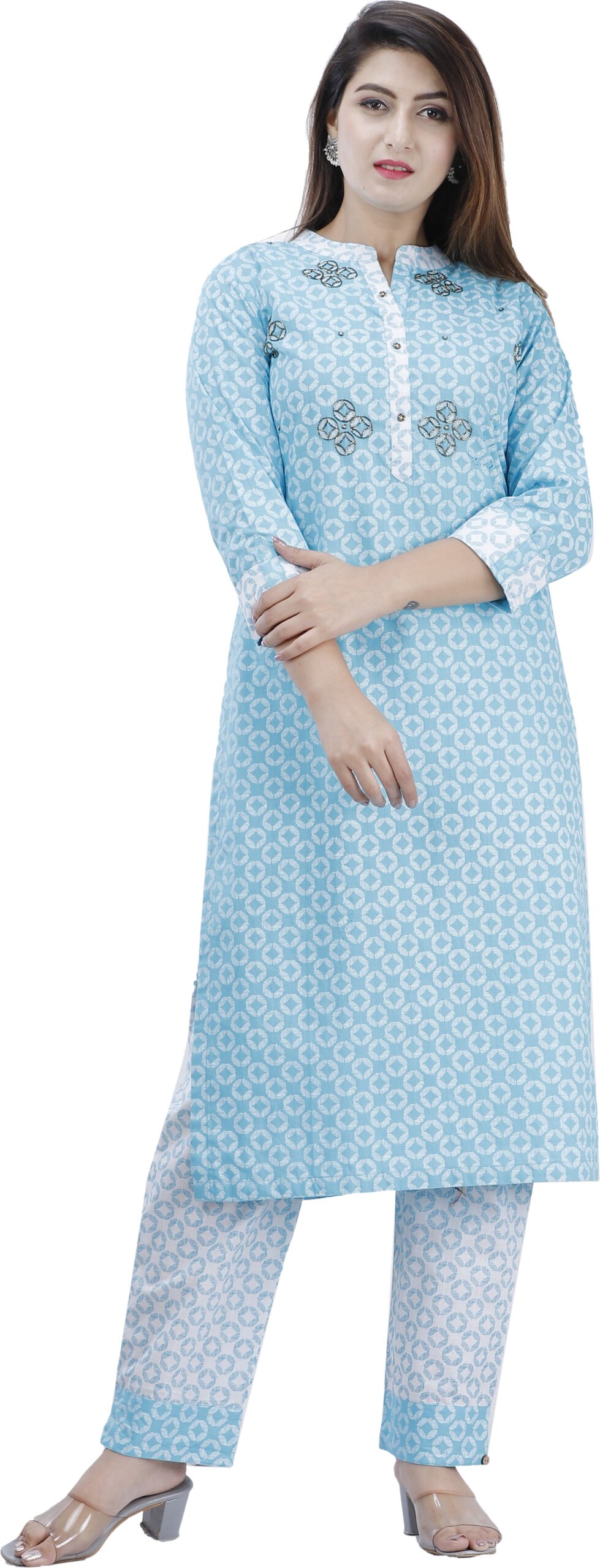 Women Blue Color Pure Cotton Fabric  Kurta PantDupatta