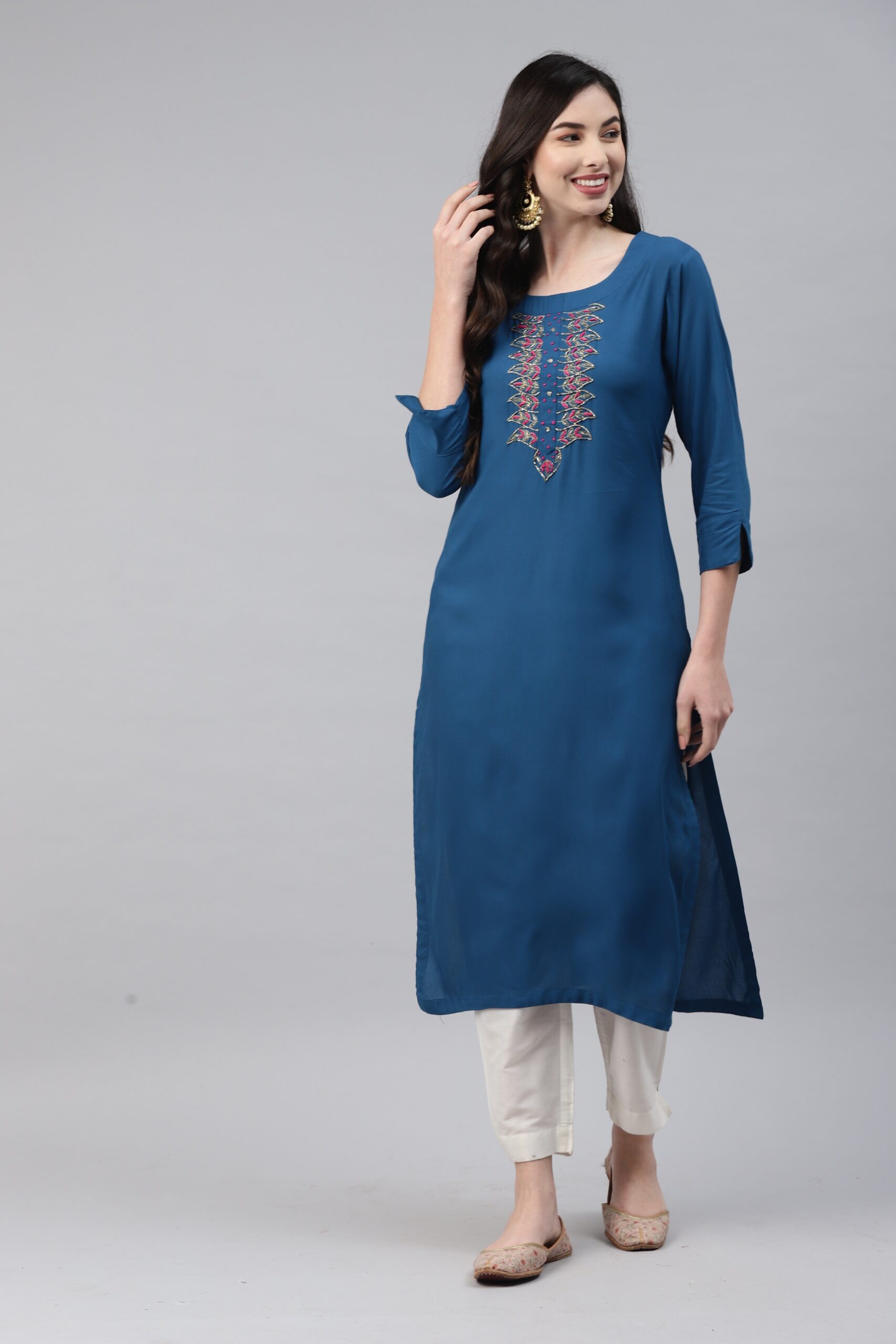 Women Tealblue Color Viscose RayonFabric Kurta - Image 3