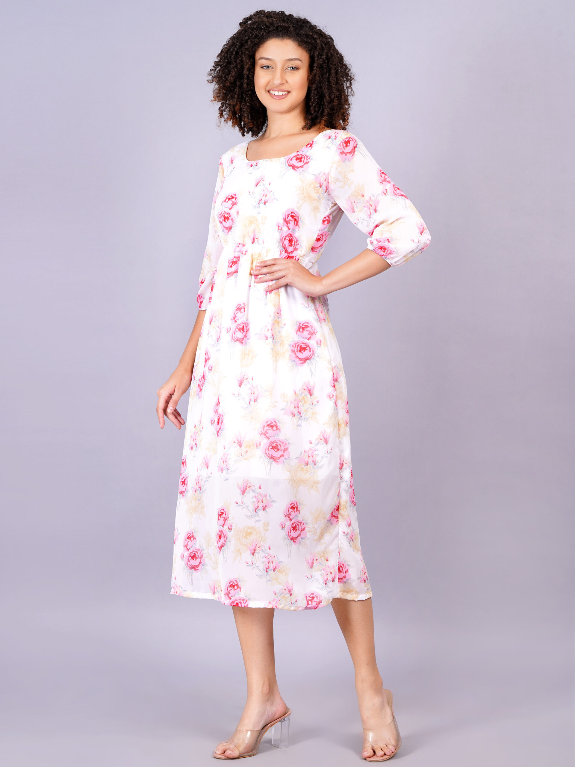 Women White Color Georgette Fabric Fit and Flare Dress