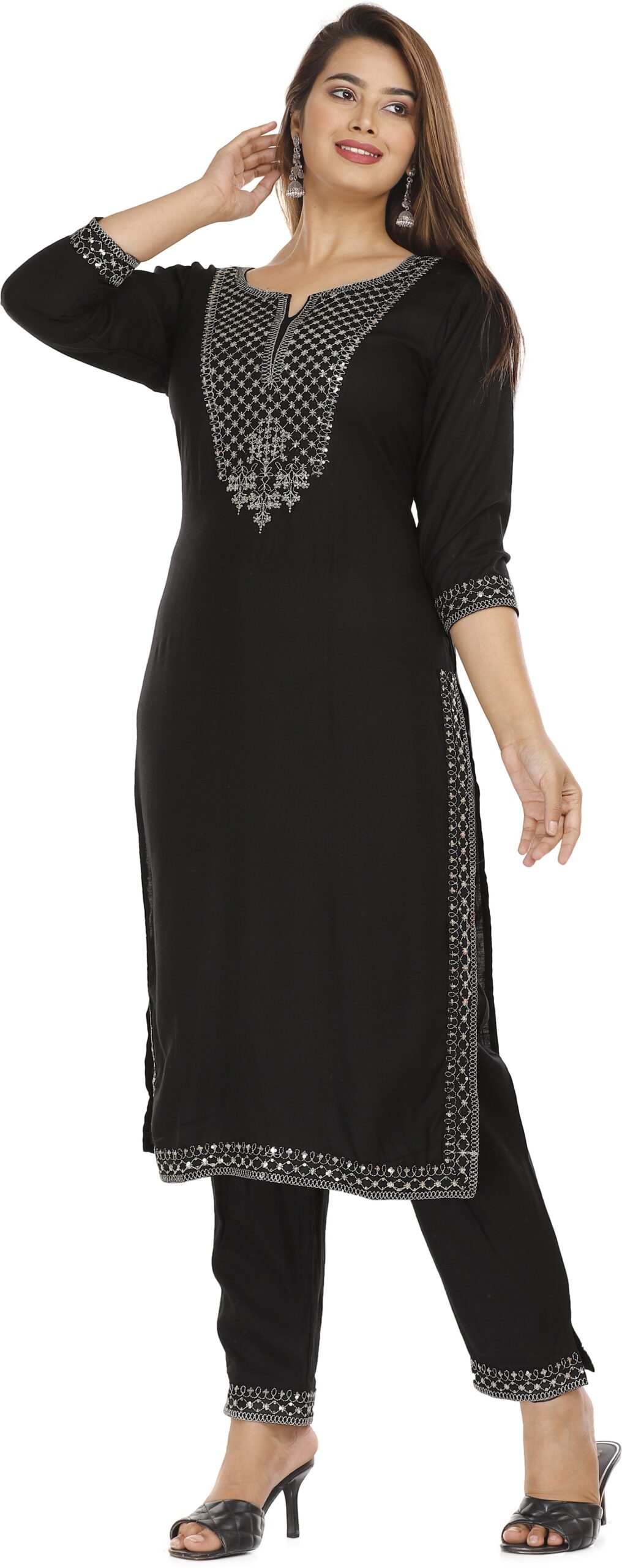 Women Black Color Viscose Rayon Fabric Kurta Pant - Image 2