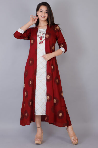 Women Green Kurta With Maroon Srug