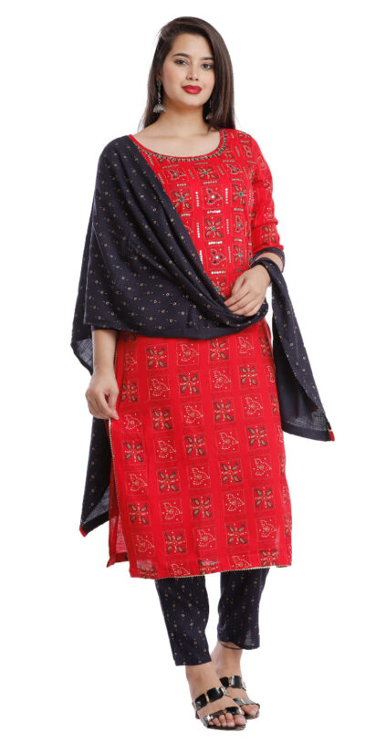 Women Red Color Kurta Black Pand With Dupatta