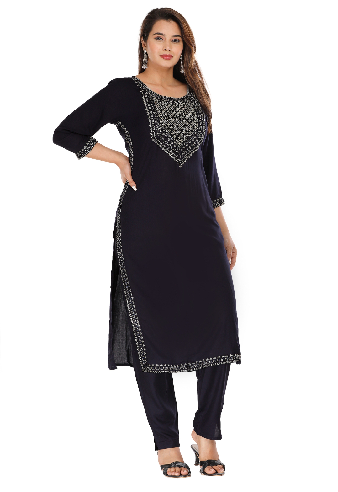 Women Navy Color Kurta Pant set - Image 2