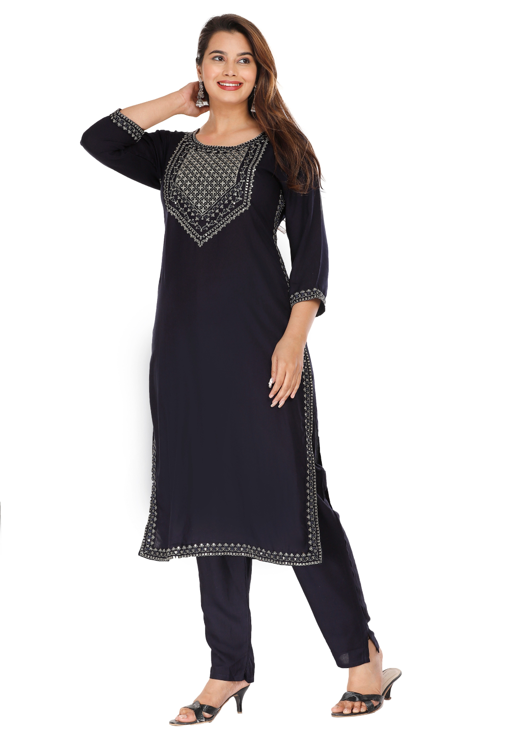 Women Navy Color Kurta Pant set - Image 3