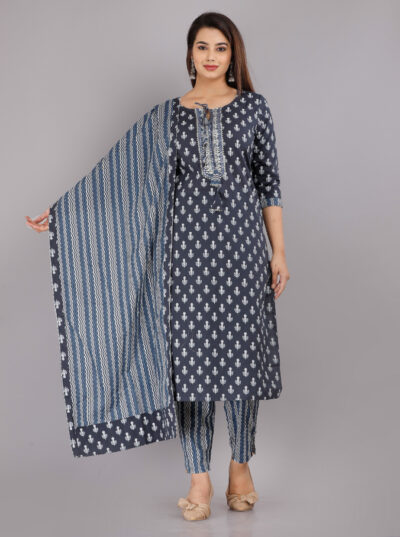 Women Navy Color Kurta pant With Dupatta Set