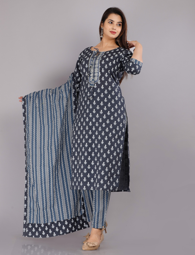 Women Navy Color Kurta pant With Dupatta Set - Image 2