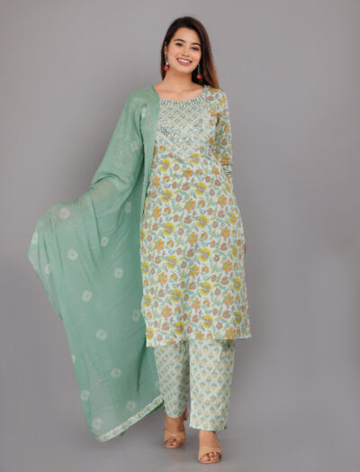 Women Light Green Color Kurta pant With Dupatta Set