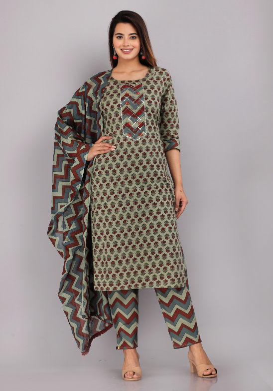 Women Pure Cotton Kurta Pant Dupatta Set