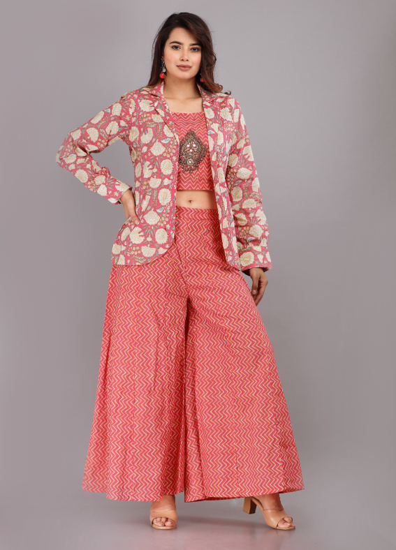 Women Pink Color Cotton Co-ord Set With Jacket - Image 2