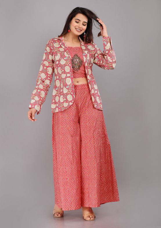 Women Pink Color Cotton Co-ord Set With Jacket - Image 3