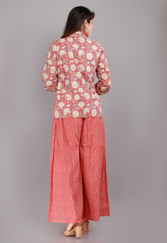Women Pink Color Cotton Co-ord Set With Jacket - Image 4