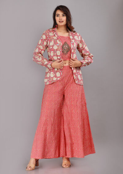 Women Pink Color Cotton Co-ord Set With Jacket