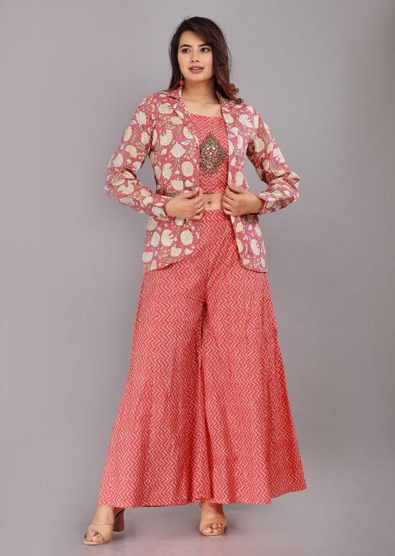 Women Pink Color Cotton Co-ord Set With Jacket
