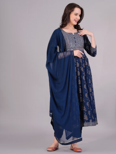 Women Blue Color Cotton Flared Kurta Pant With Dupatta