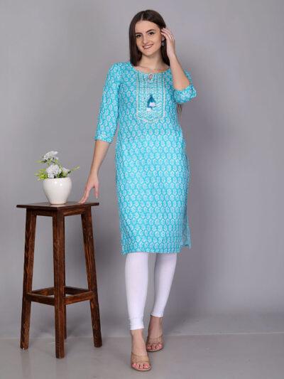 Women Sky Blue Color Cotton Kurta
