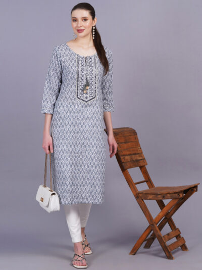 Women Grey Color Cotton Straight Kurta