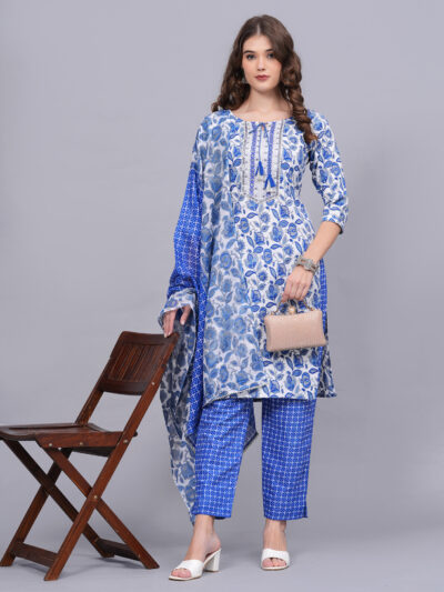 Women Pure Cotton Blue Color Kurta Pant Dupatta Set