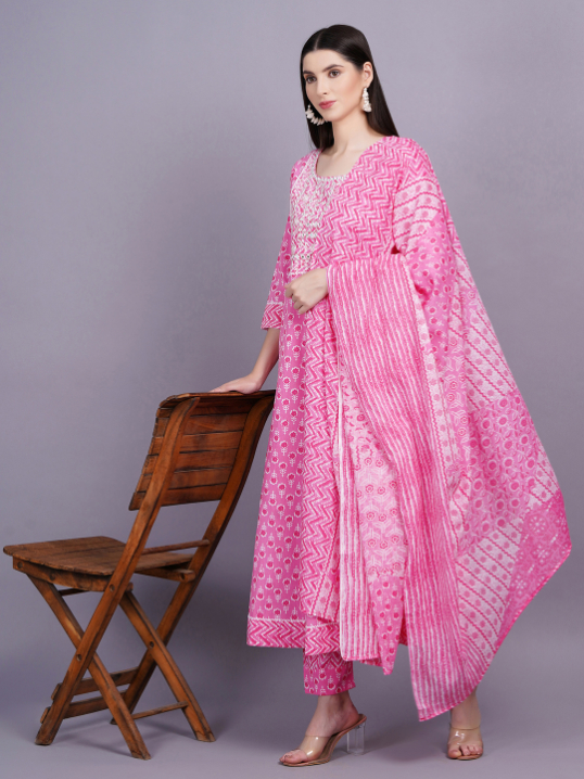 Women Pink Color Cotton Flared Kurta Pant Dupatta Set