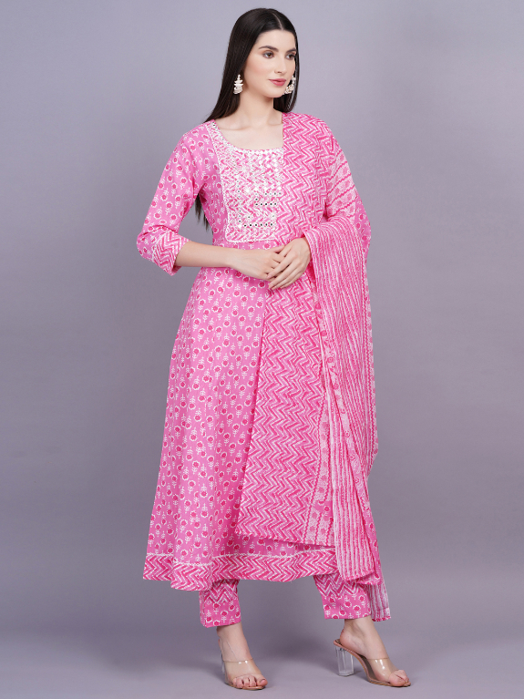 Women Pink Color Cotton Flared Kurta Pant Dupatta Set - Image 6