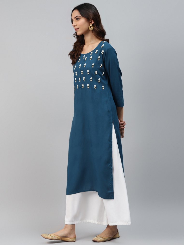 Women Teal Blue Color Straight Kurta - Image 3