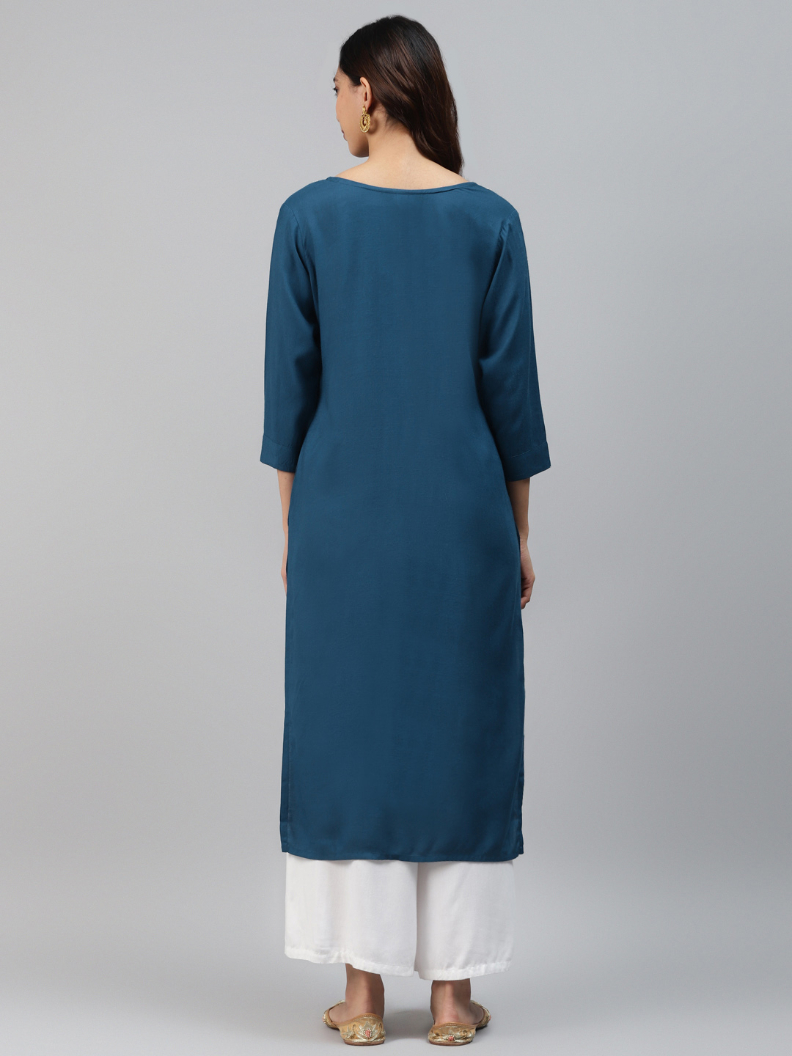 Women Teal Blue Color Straight Kurta - Image 4