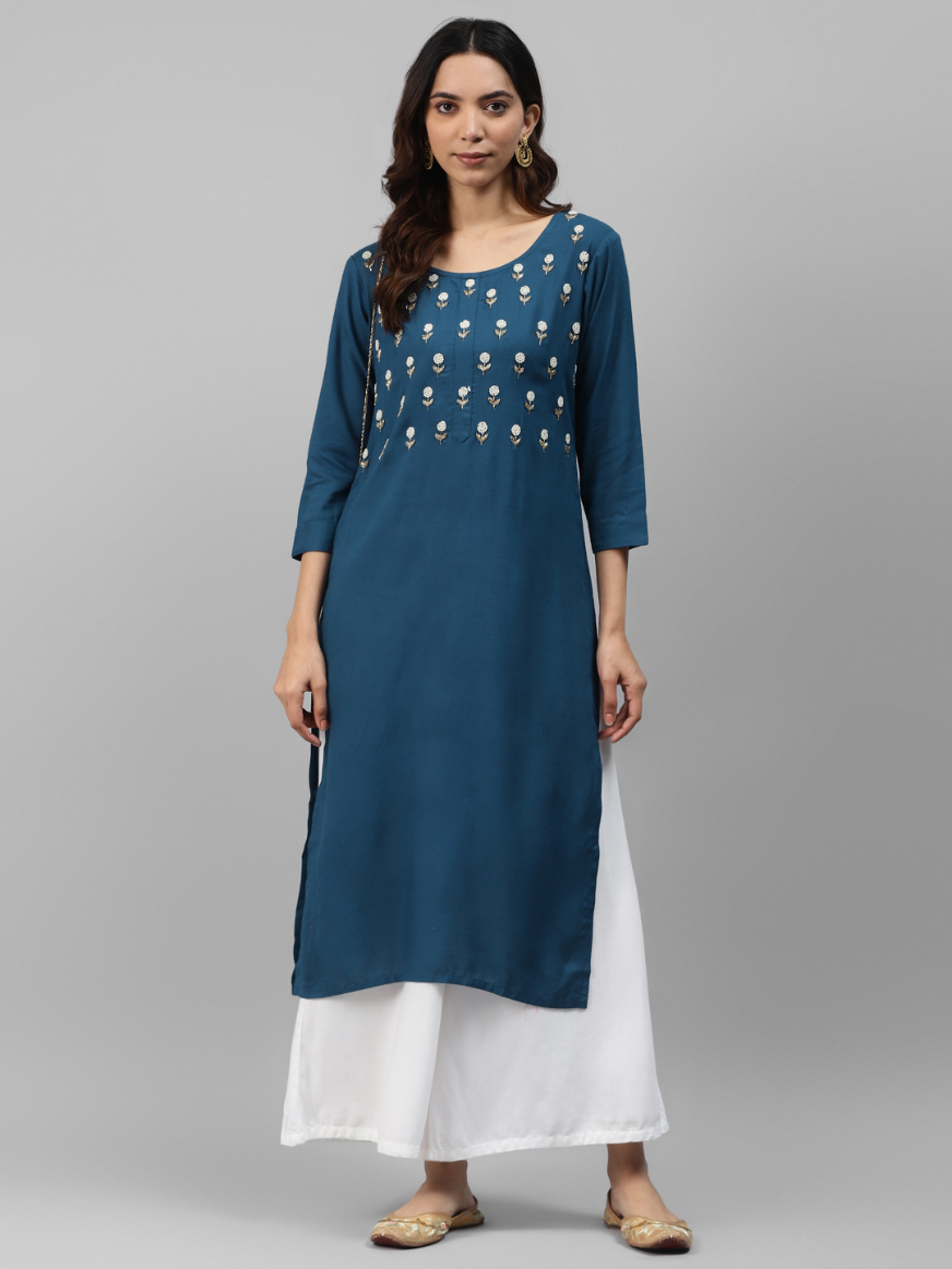 Women Teal Blue Color Straight Kurta