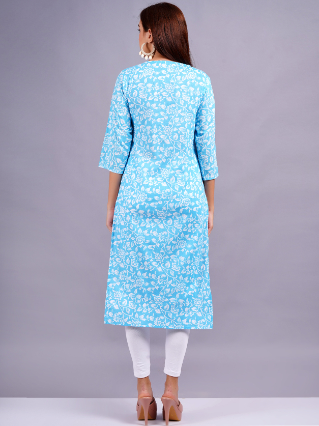 Women Floral Print Cotton Blend Straight Kurta (Light Blue) - Image 2