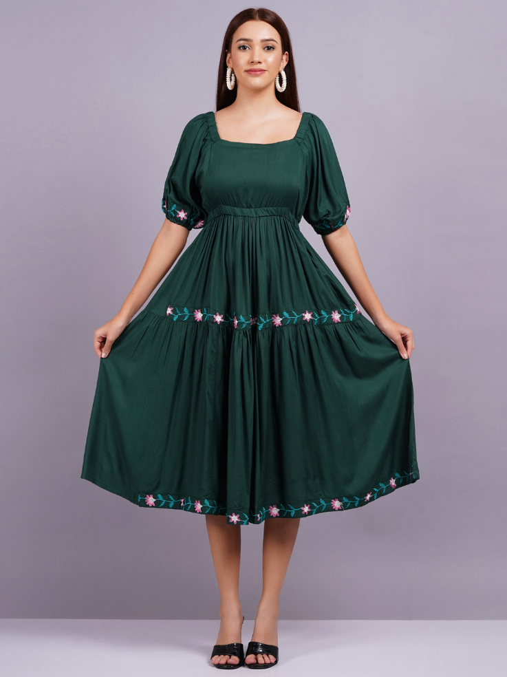 Women Fit and Flare Green Dress - Image 2