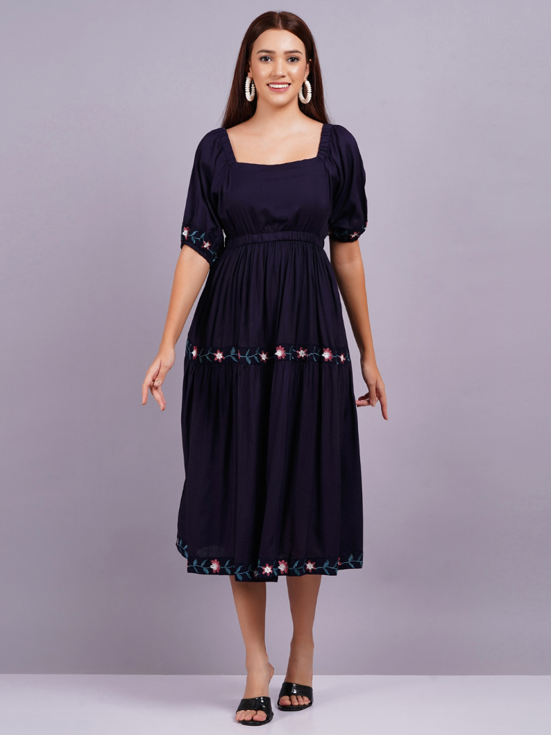 Women Fit and Flare Dark Blue Dress - Image 5