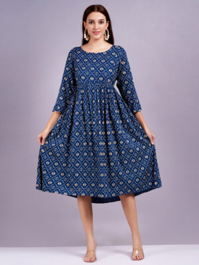 Women Gathered Dark Blue Dress