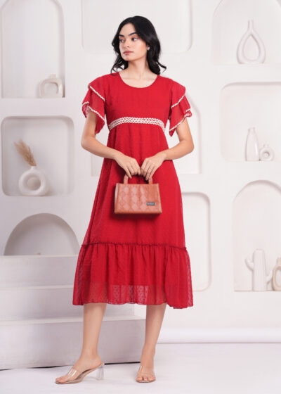 Red Solid Flared Calf length Dress