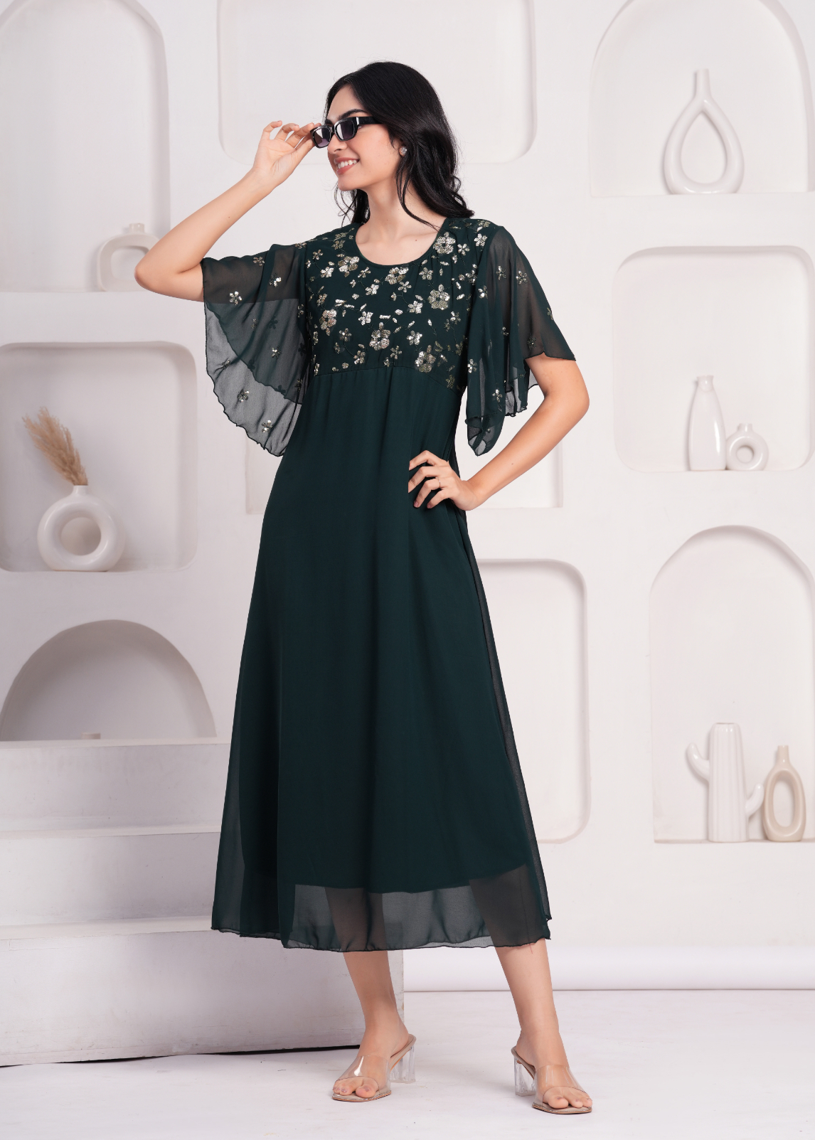 Bottlegreen Color Embellished Solid Dress