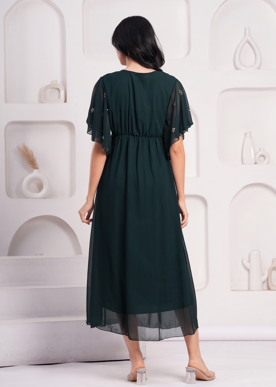 Bottlegreen Color Embellished Solid Dress - Image 2