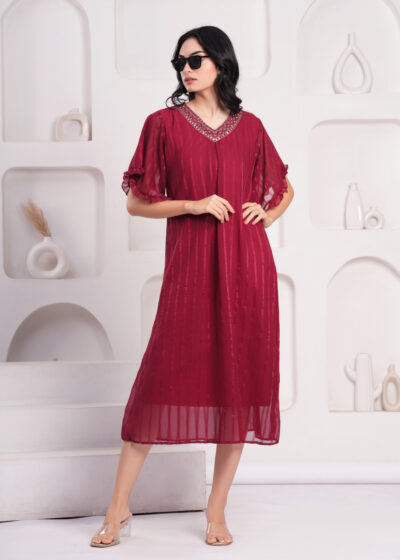 Maroon Solid Flared Calf Length Dress
